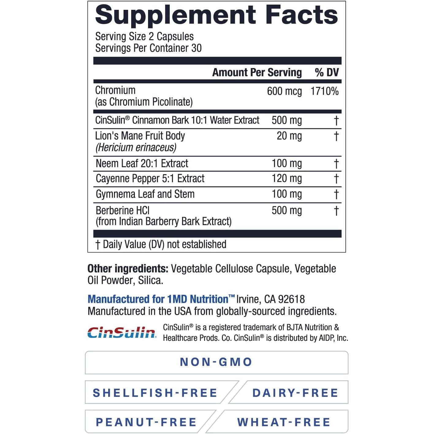 1MD Nutrition - Cinnamon Bark 10:1 Water Extract, Chromium, Neem Leaf, Berberine, Cayenne Pepper 5:1 Extract, Lion'S Mane, Gymnema Leaf and Stem - 60 Capsules