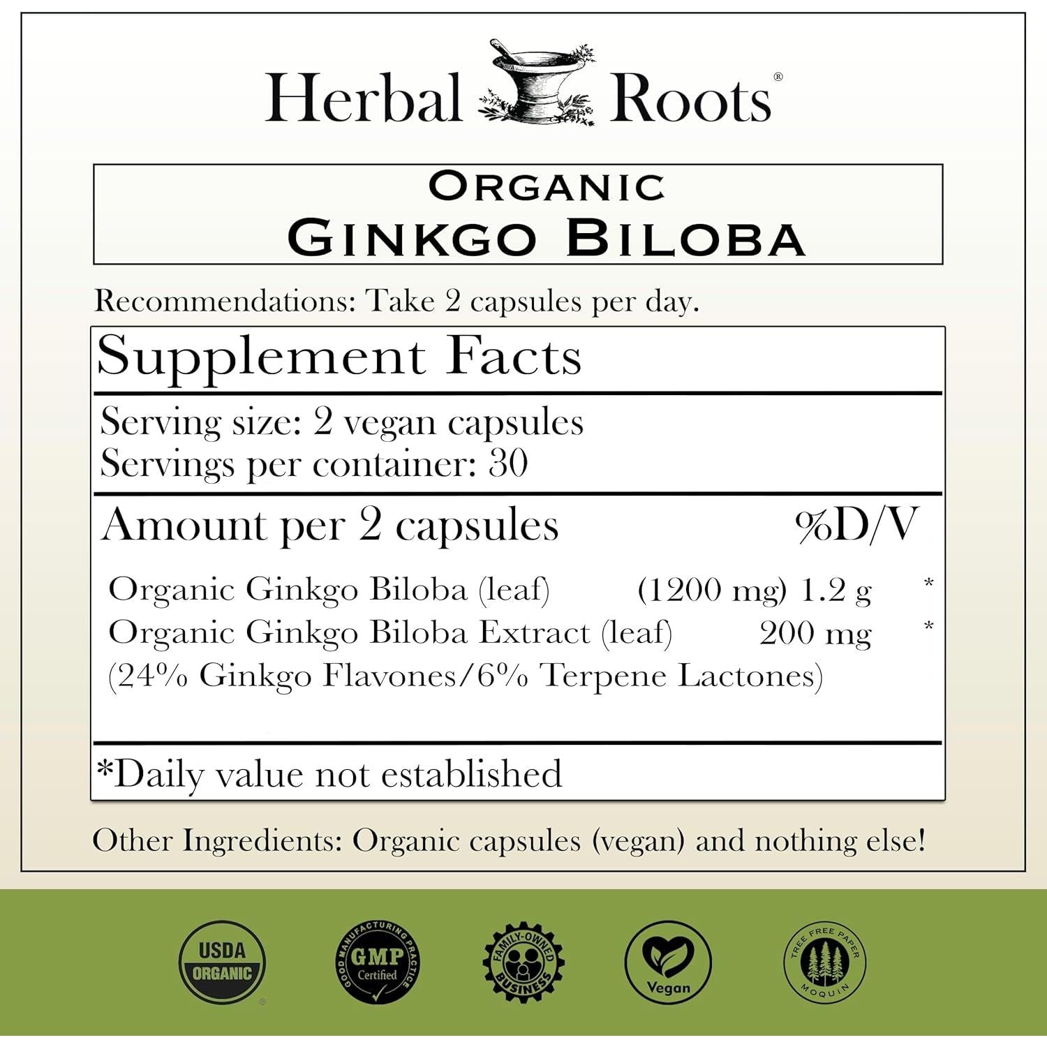 Herbal Roots Ginkgo Biloba Made with Pure Organic Ginkgo Leaf - 1,400Mg per Serving, 60 Vegan Capsules
