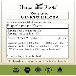 Herbal Roots Ginkgo Biloba Made with Pure Organic Ginkgo Leaf - 1,400Mg per Serving, 60 Vegan Capsules