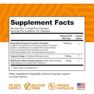 Turmeric Curcumin with Bioperine Black Pepper and Ginger - Made in USA - 120 Vegetarian Capsules