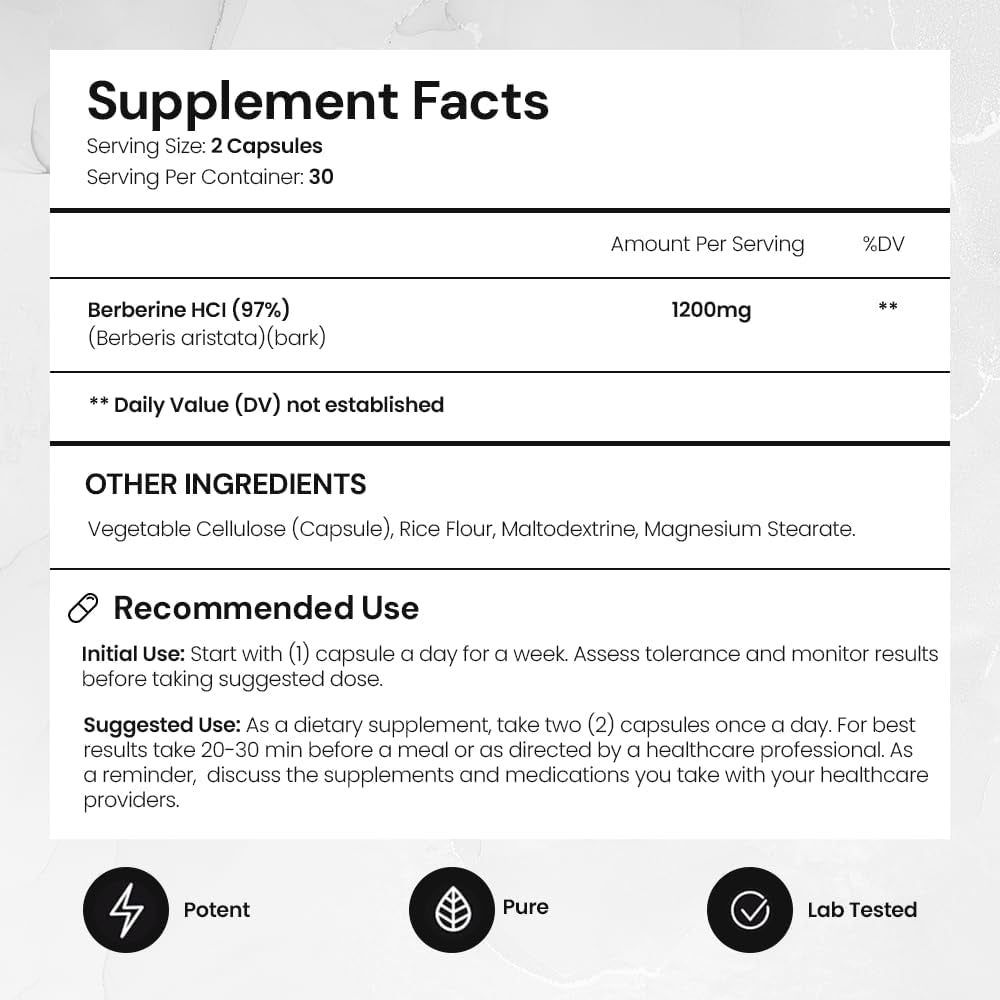 ACEWORKZ Premium Berberine HCL 1200Mg - 97% Tested Purity - Berberine Supplement (60 Capsules)