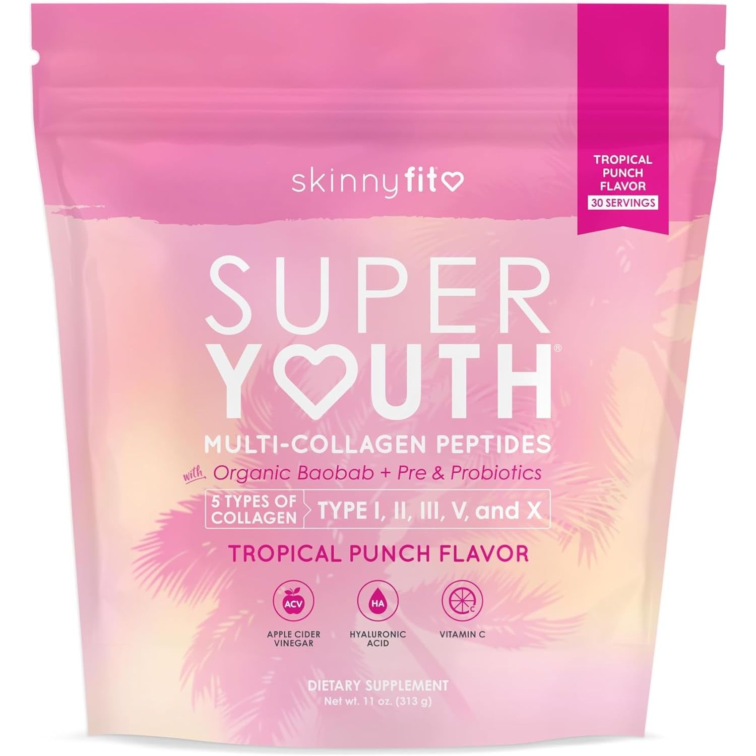 Skinnyfit Super Youth Tropical Punch Multi-Collagen Peptides + Probiotics, 30 Servings