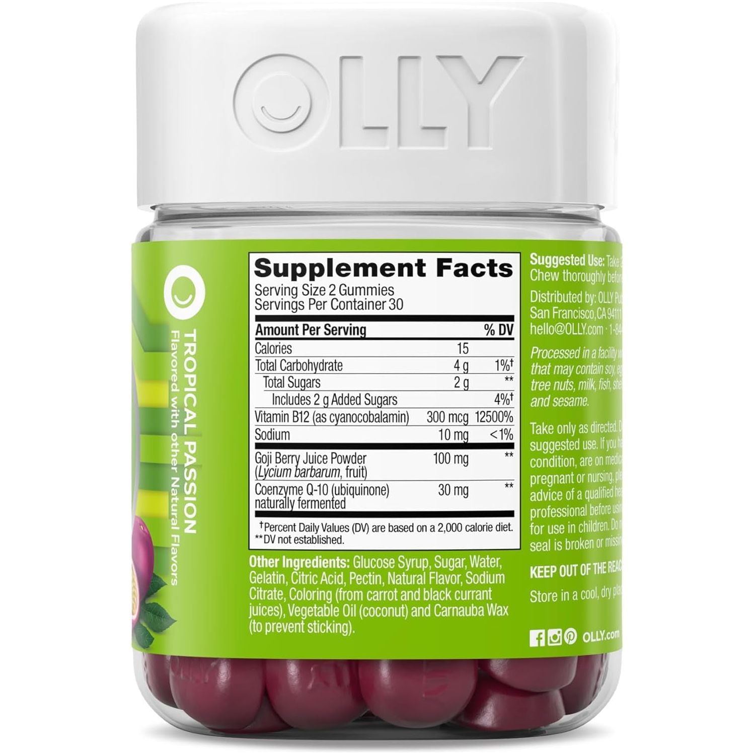 OLLY Daily Energy Gummy, Caffeine Free, Vitamin B12, Coq10, Goji Berry, Adult Chewable Supplement, Tropical Flavor - 60 Count