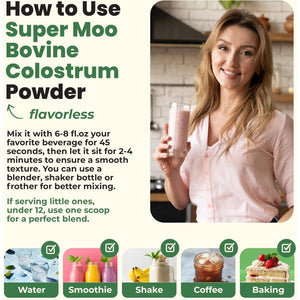 Super MOO Grass Fed Bovine Colostrum Powder for Bloating, Immune, Energy, Gut Health Hair, Skin and Nails