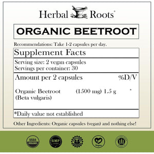 Herbal Roots Organic Beet Root Powder Capsules - 1,500Mg - 60 Count Vegan Capsules - Certified USDA Organic