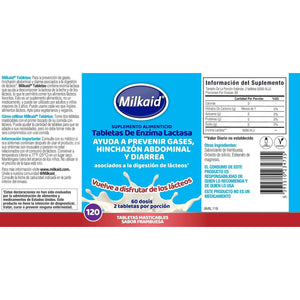 Milkaid Lactase Enzyme Chewable Tablets for Lactose Intolerance Relief | Prevents Gas, Bloating & Diarrhea | 120 Tablets
