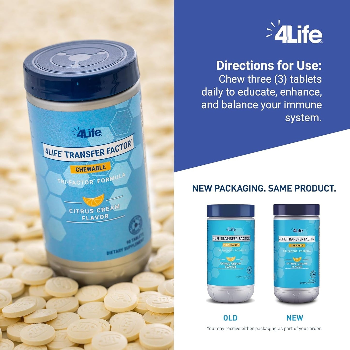 4Life Transfer Factor Chewable Tri-Factor Formula - Citrus Cream Flavor - 90 Chewable Tablets