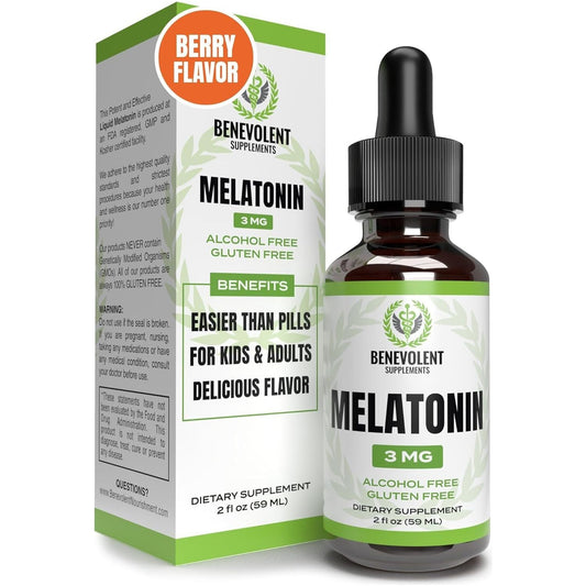 Benevolent Melatonin Liquid for Adults & Kids 3Mg 2 Month Supply