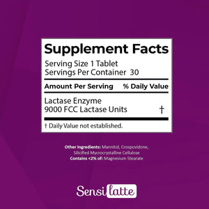 Lactase Enzyme Supplement (9.000 Fcc) - Quick Results for Dairy Ingestion, Quick Dissolve in Your Mouth 30 Tablets - SENSILATTE