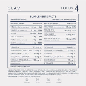 CLAV N°4 Brain Booster - Nootropics Brain Support Supplement for Memory & Focus - 60 Capsules.