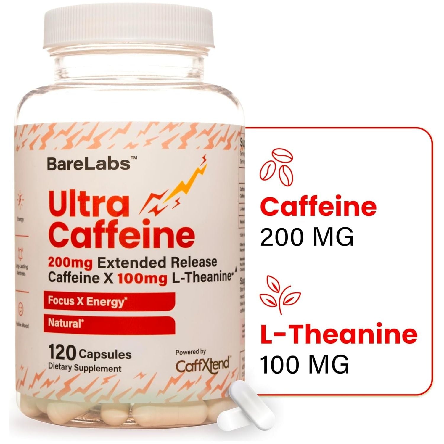 Ultra Caffeine Pills - Extended Release Caffeine + Caffeine L-Theanine - No Jitters, No Crash - Natural - 120 Capsules