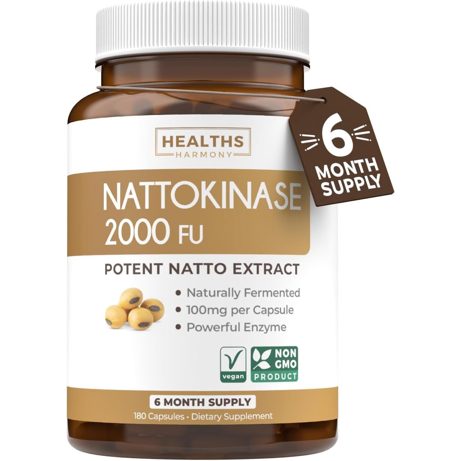 Healths Harmony - Powerful Nattokinase Supplement Made from Naturally Fermented Soybeans 2000 FU - 180 Vegan Natto Capsules