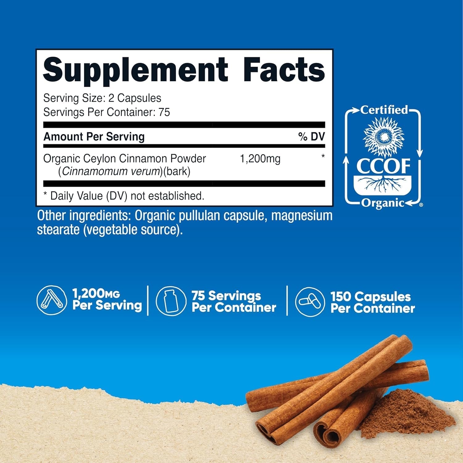 Nutricost Organic Cinnamon (Ceylon Cinnamon) 1,200Mg Serving, 150 Capsules - Gluten Free, Non-Gmo