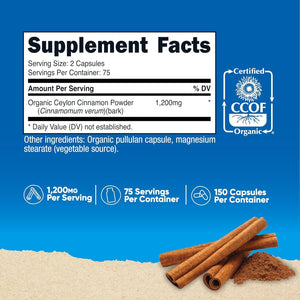 Nutricost Organic Cinnamon (Ceylon Cinnamon) 1,200Mg Serving, 150 Capsules - Gluten Free, Non-Gmo