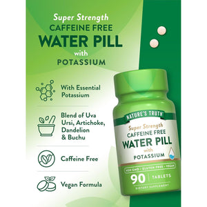 Nature'S Truth Super Strength Water Pill with Potassium | 90 Count | Caffeine Free | Vegan, Non-Gmo, Gluten Free