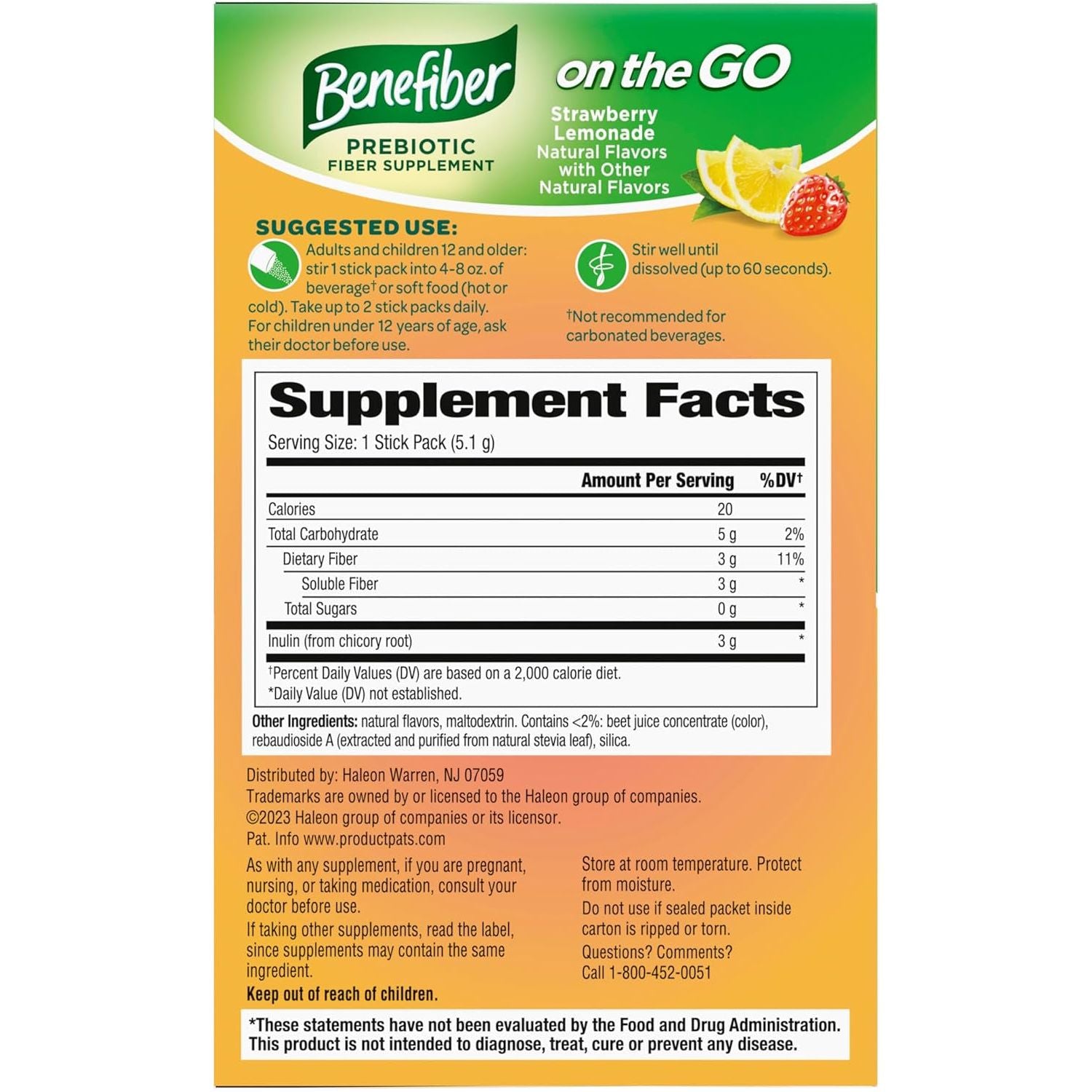 Benefiber Fiber Supplement, Strawberry Lemonade, on the Go Stick Packs, 36 Count