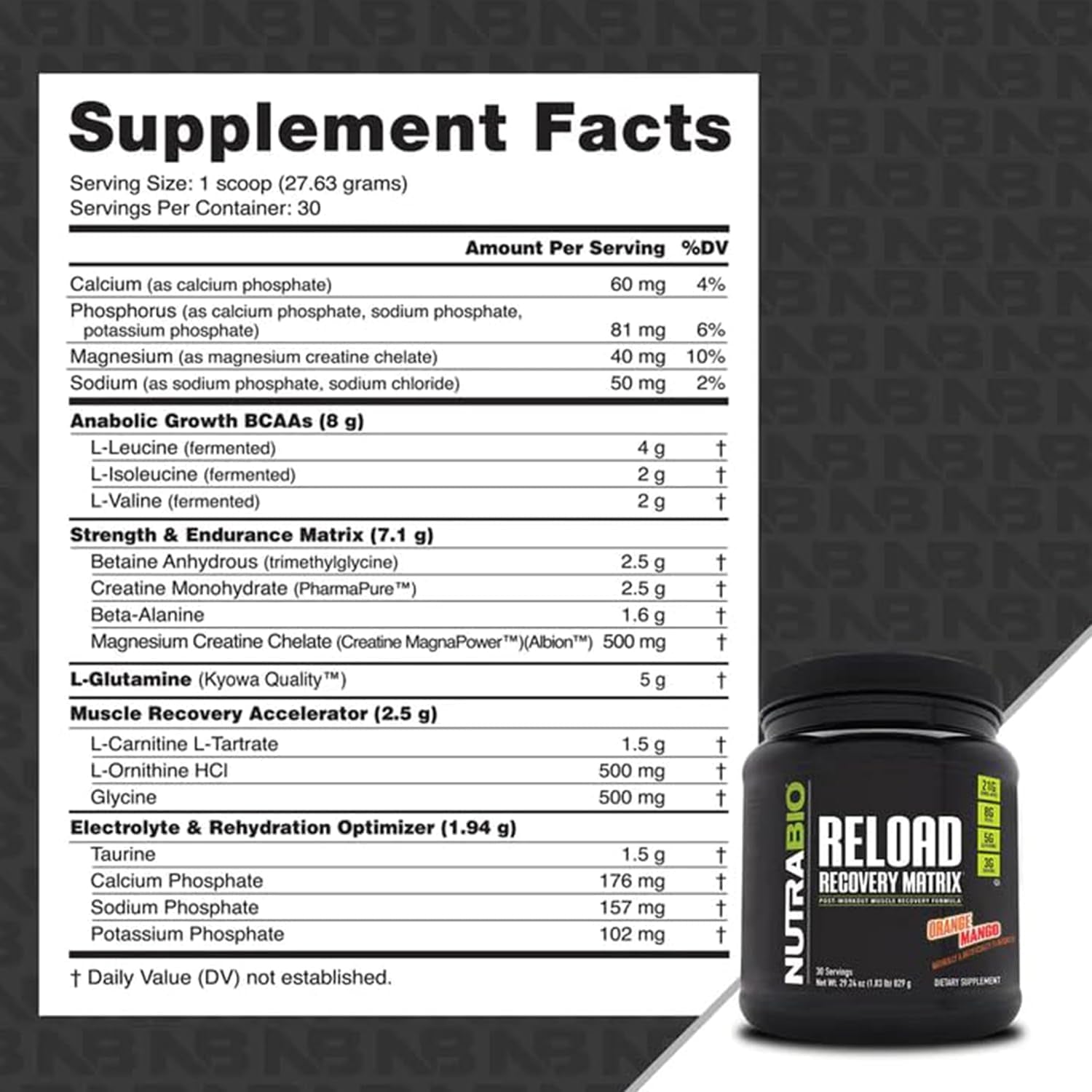 Nutrabio Reload - Powerful Muscular Recovery Formula - 3G Creatine, 8G Bcaas, 5G Glutamine - 30 Servings, Orange Mango