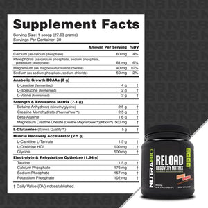Nutrabio Reload - Powerful Muscular Recovery Formula - 3G Creatine, 8G Bcaas, 5G Glutamine - 30 Servings, Orange Mango