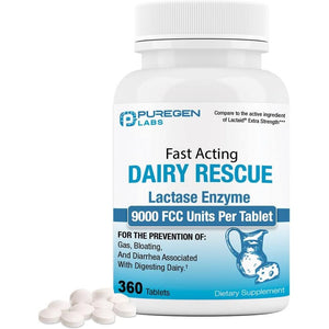 Puregen Labs Dairy Relief Fast Acting Lactase Enzyme 9000 FCC, Lactose Intolerance Pills 360 Tablets