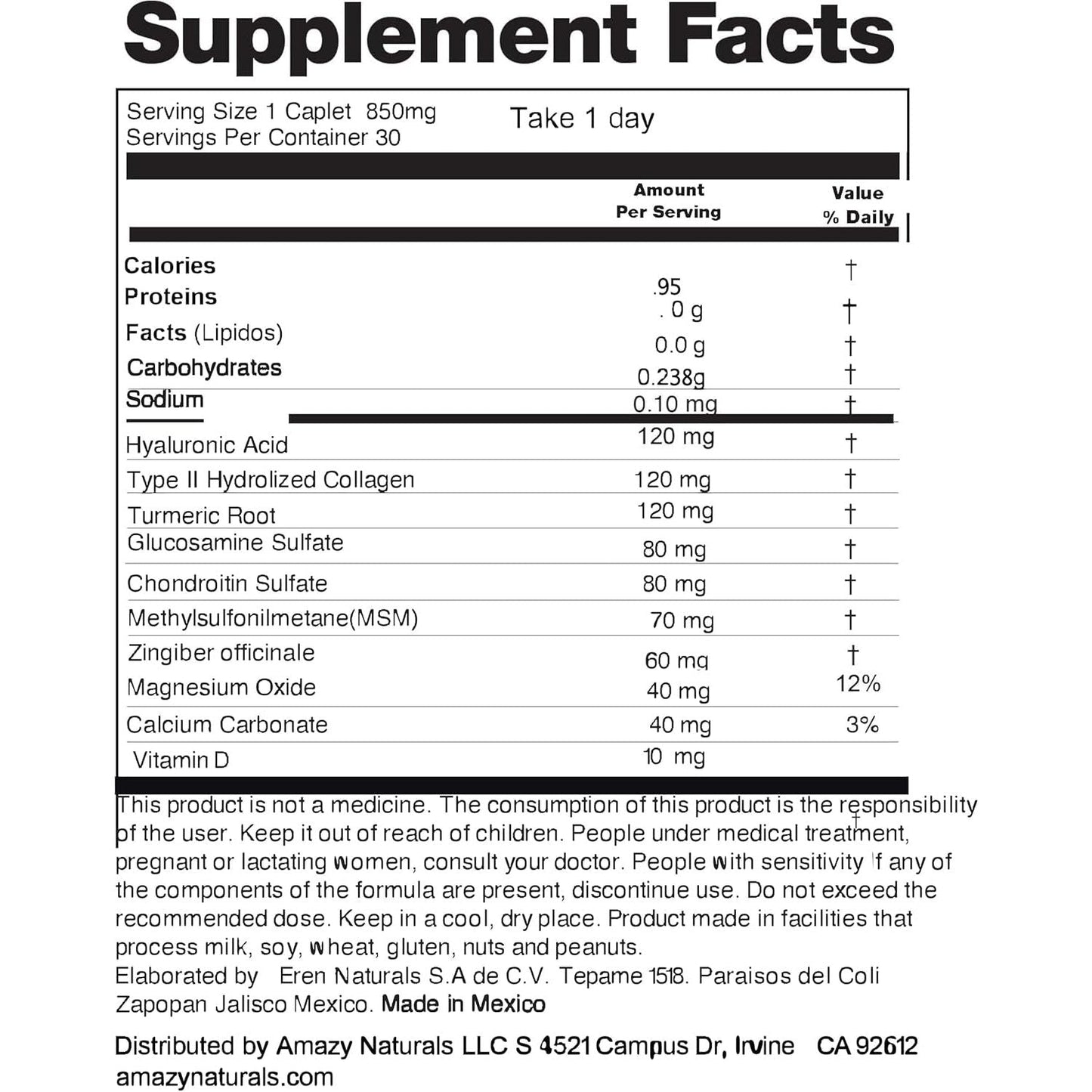 Umovy Artix Hydrolyzed Collagen Type II, Hyaluronic Acid, Turmeric, Glucosamine, Chondroitin, MSM, Ginger, Magnesium, Calcium, Vitamin D Supplement, 30 Capsules