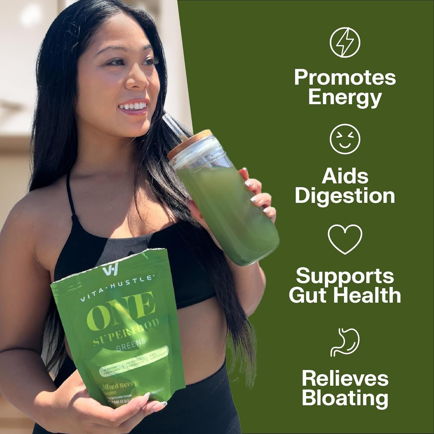 Vitahustle ONE Superfood Super Greens Powder with Prebiotics + Probiotics, Reduce Bloating, Detox, Gut Health (25 Servings)