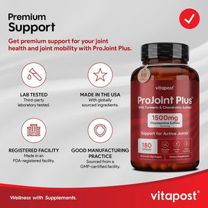 Projoint plus Joint Support Supplement with Glucosamine Sulfate, Chondroitin, MSM, Turmeric, Boswellia & Bromelain - 180 Capsules