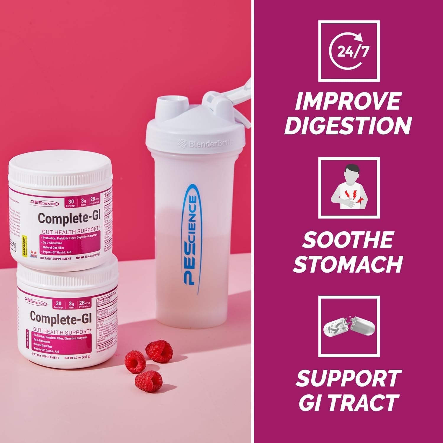 Pescience Complete GI, Raspberry, Probiotic with Zinc Carnosine, Digestive Enzyme, & Prebiotic Fiber Powder, 30 Serving