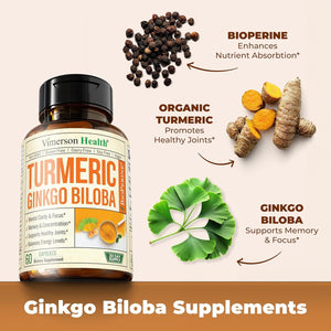 Turmeric Curcumin with Black Pepper and Ginkgo Biloba Supplements to Aid Joint Health, Brain Clarity. 60 Caps