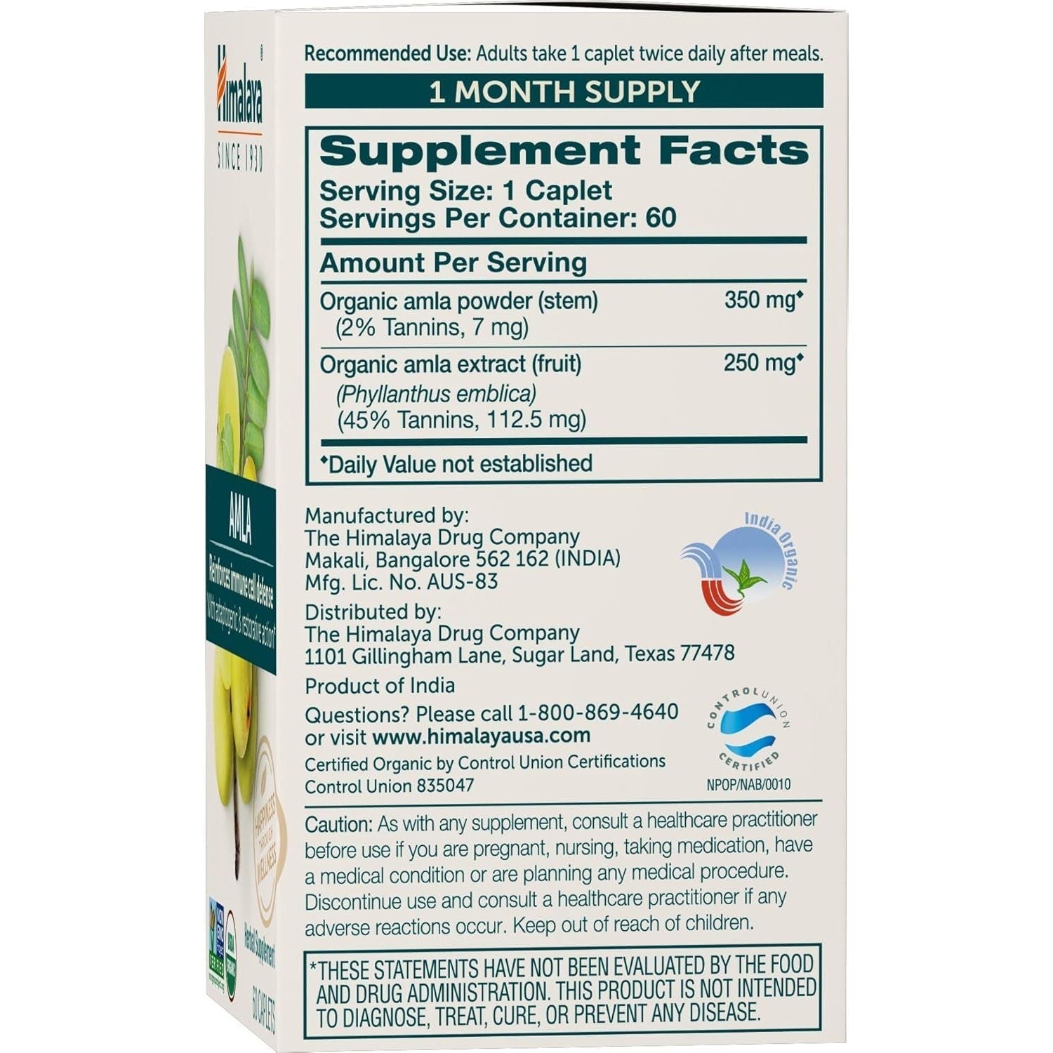 Himalaya Organic Amla Natural Antioxidant for Immune Support, 60 Caplets