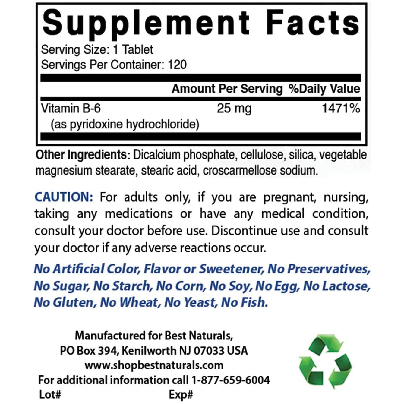 Best Naturals Vitamin B6 25Mg, 120 Tablets