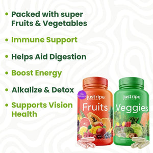 Fruits and Veggies Supplement - 90 Fruit and 90 Vegetable Capsules - 100% Whole Natural Superfood - Supports Energy Levels