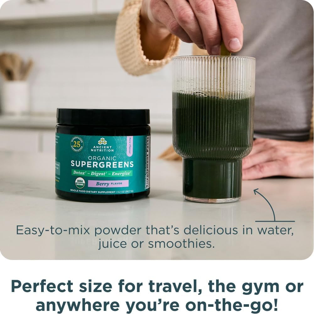 Ancient Nutrition Supergreens Powder with Probiotics, Digestive and Energy Support, 12 Servings