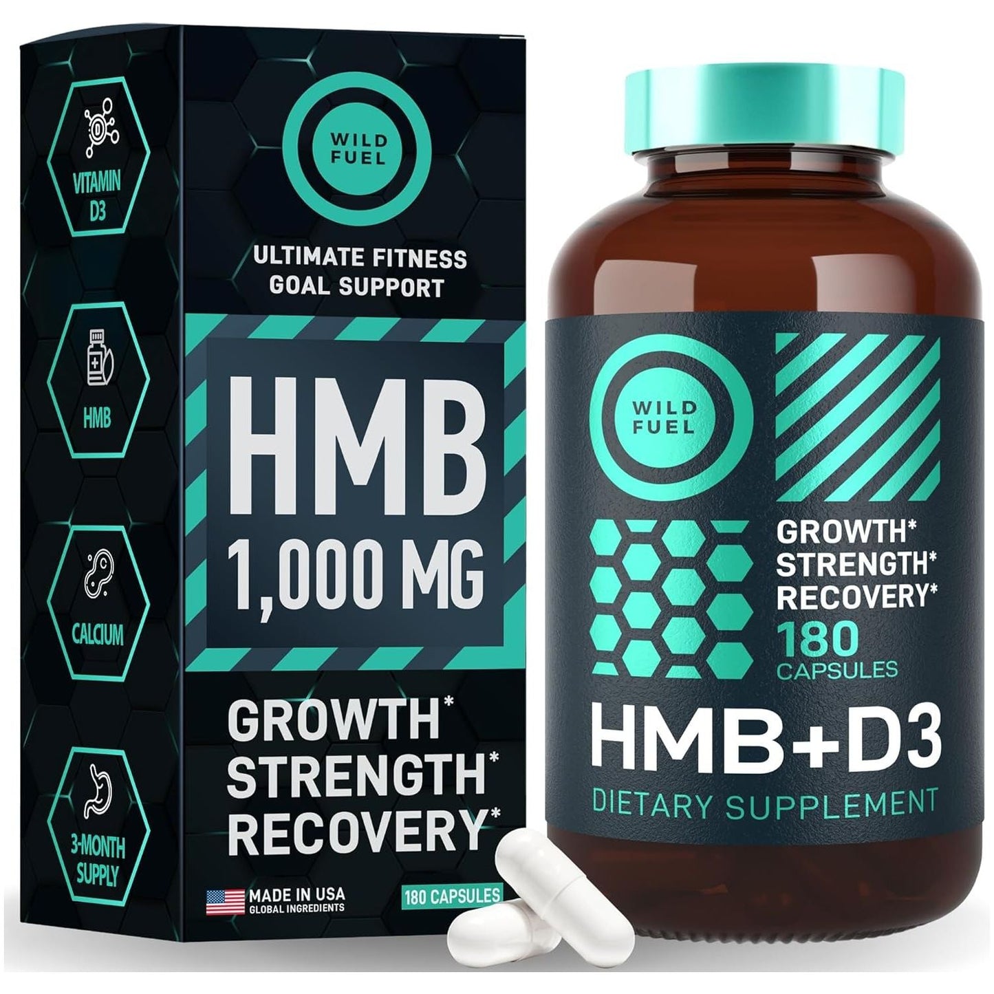 HMB Supplements for Men & Women with Vitamin D3 1,000 MG for Muscle Growth, Strenghth and Fast Workout Recovery - 180 Capsules