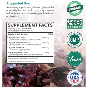 Irish Sea Moss Capsules Organic Irish Seamoss, Bladderwrack & Burdock - Raw Vegan Supplement - 60 Capsules