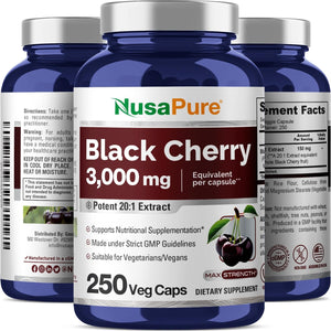 Nusapure Black Cherry Extract 3,000Mg 250 Veggie Capsules Max Potency, Non-Gmo, Bioperine
