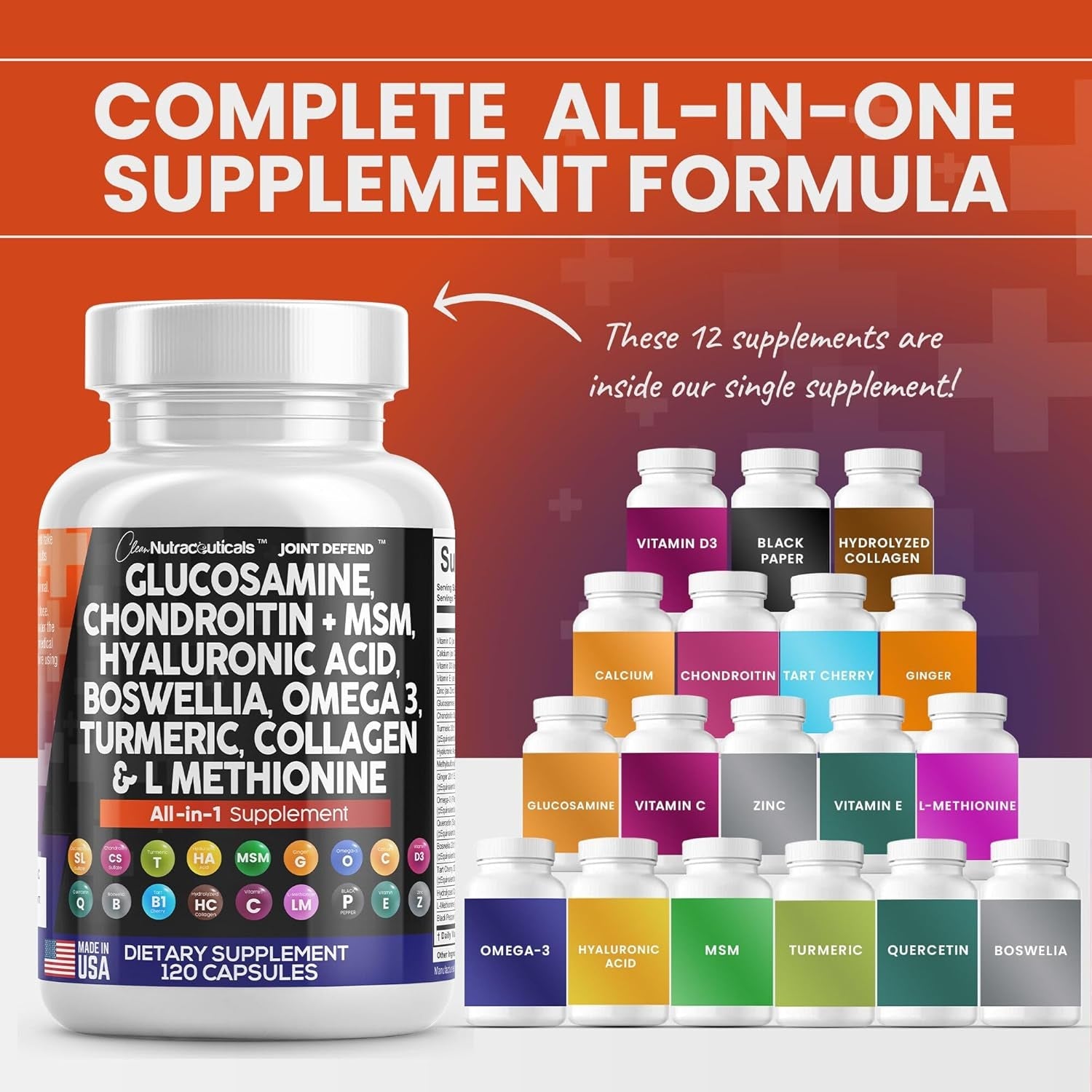 Clean Nutraceuticals Glucosamine Chondroitin MSM Turmeric Hyaluronic Acid Boswellia Collagen Tart Cherry -120 Count