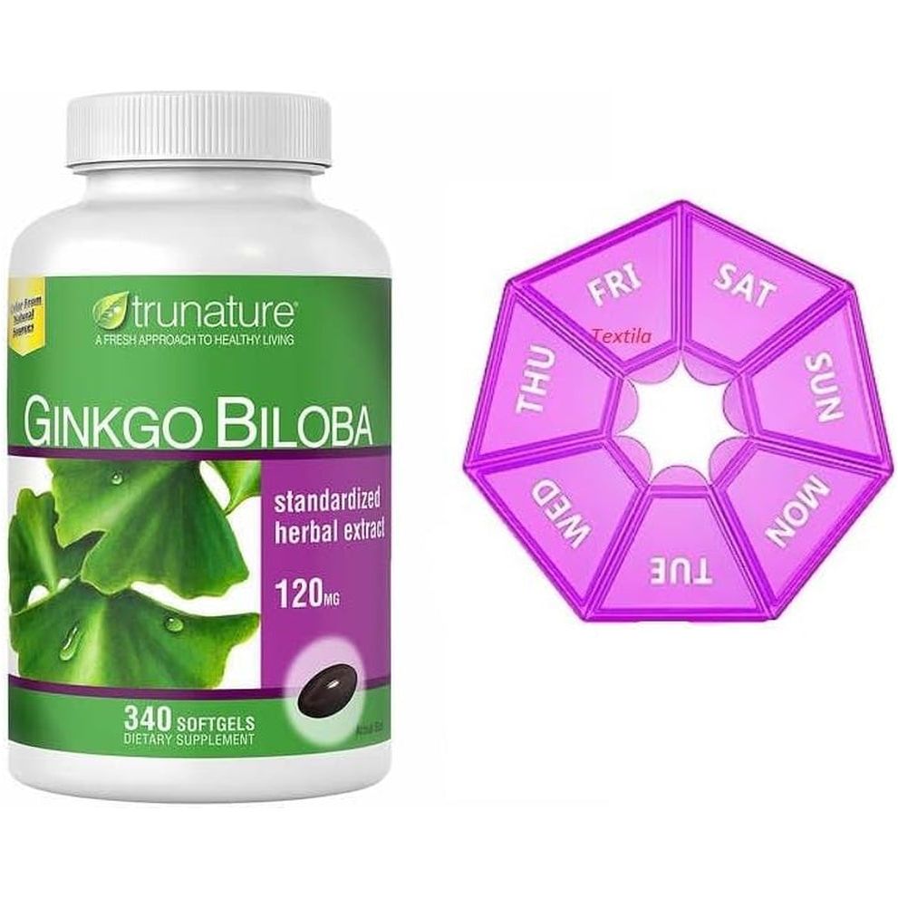 Trunature Gingko Biobla 120 Mg 340 Softgels Bundle with Weekly Pill Organizer