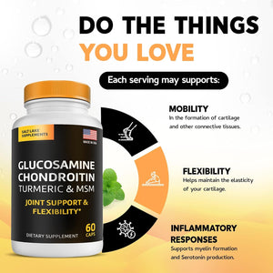 Glucosamine Chondroitin with Turmeric and MSM Supplement - Joint Health Supplement Capsules 60 Count