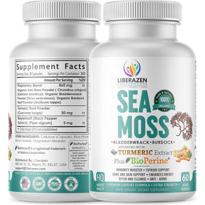 Organic Irish Sea Moss Pills - Seamoss Blend with Turmeric, Burdock Root & Bladderwrack, Enhanced with Black Pepper - 60 Capsules