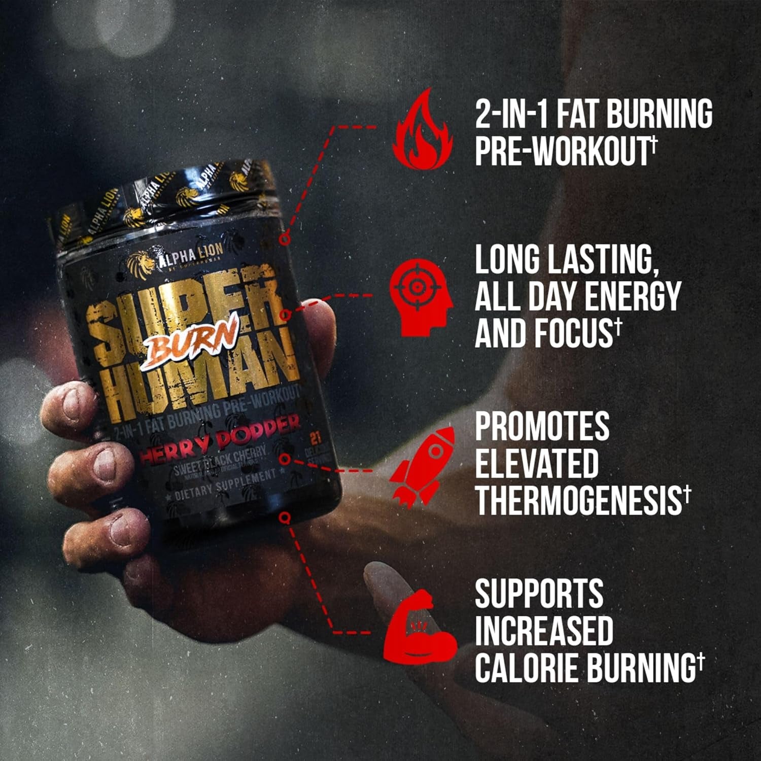 ALPHA LION Superhuman Burn 2-In-1 Metabolism Booster Pre Workout (21 Servings, Sweet Black Cherry Flavor)