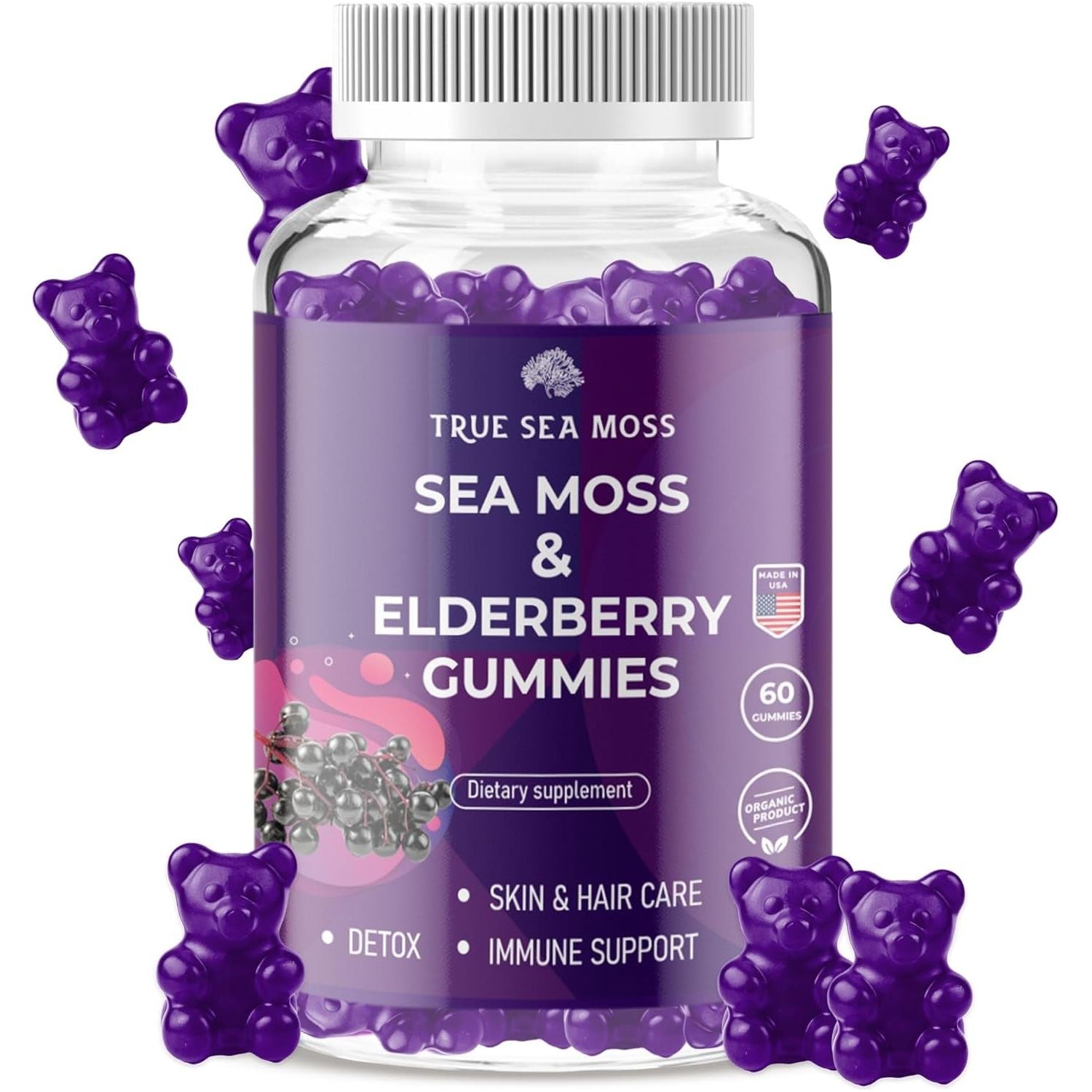 Sea Moss Elderberry Gummies with Magnesium, Burdock Root and Bladderwrack – Daily Nutritional Support for Kids and Adults | 60Pcs