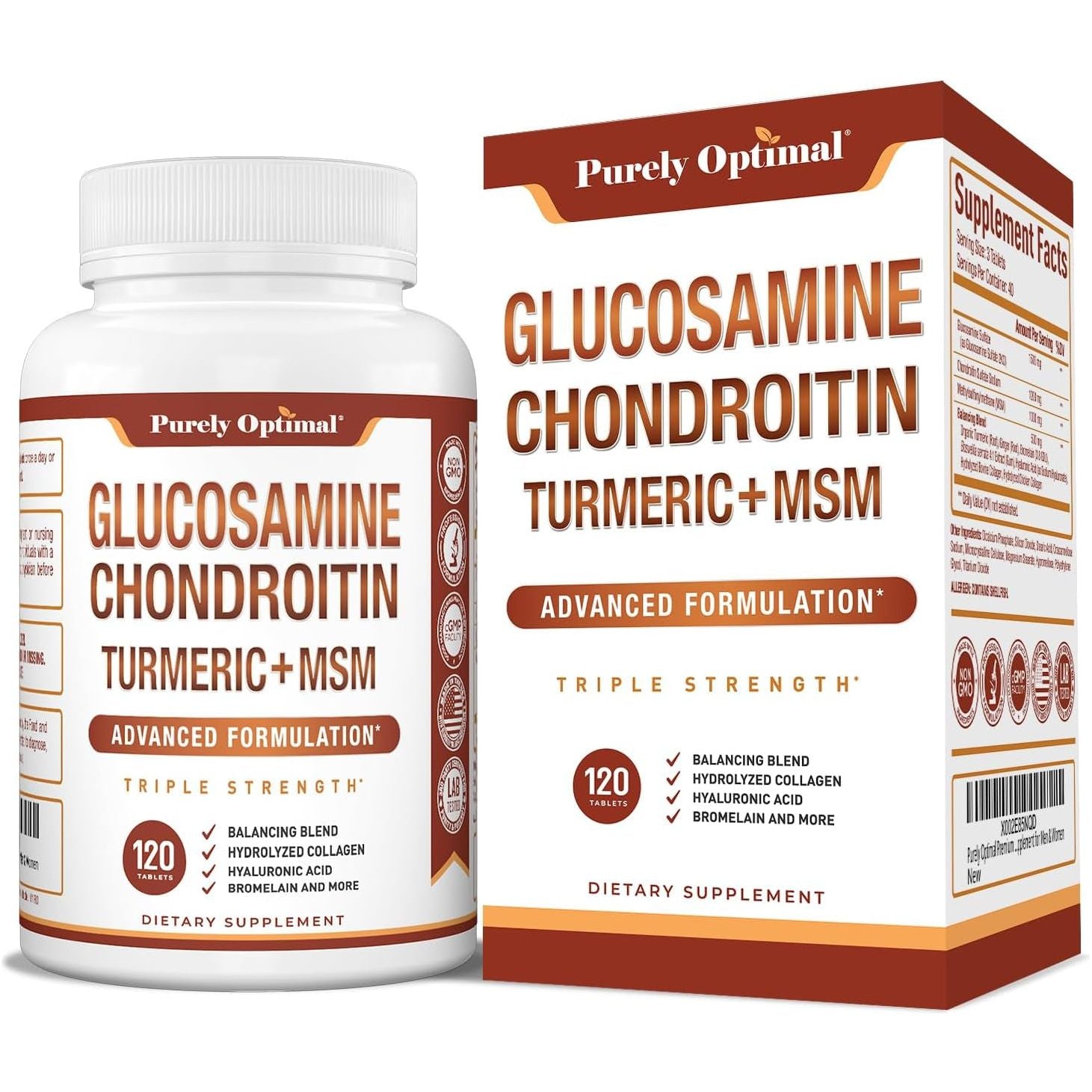 Purely Optimal Glucosamine Chondroitin MSM Supplement W/Turmeric & Boswellia - Joint Supplement - 120 Tablets