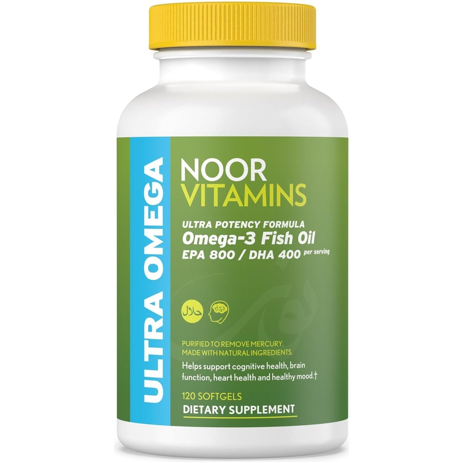 Noor Vitamins Halal Fish Oil, Ultra Omega 3 Wild Peruvian Fish Oil (800 Mg EPA & 400 Mg DHA) (120 Count)