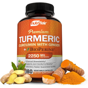 Nutriflair Turmeric Curcumin with Ginger and Bioperine Black Pepper Supplements, 180 Capsules