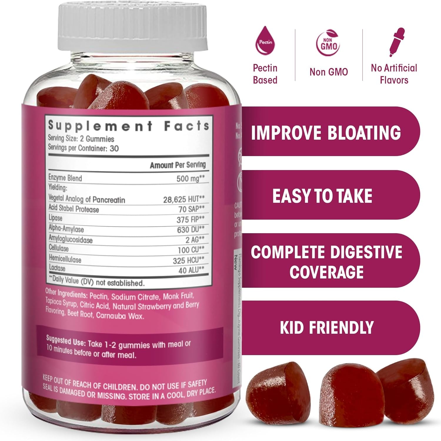 Digestive Enzymes Chewable Gummies: Helps Food Intolerance, Bloat, and to Digest Dairy, Carbs, Veggies, Protein, Fruit 60 Count