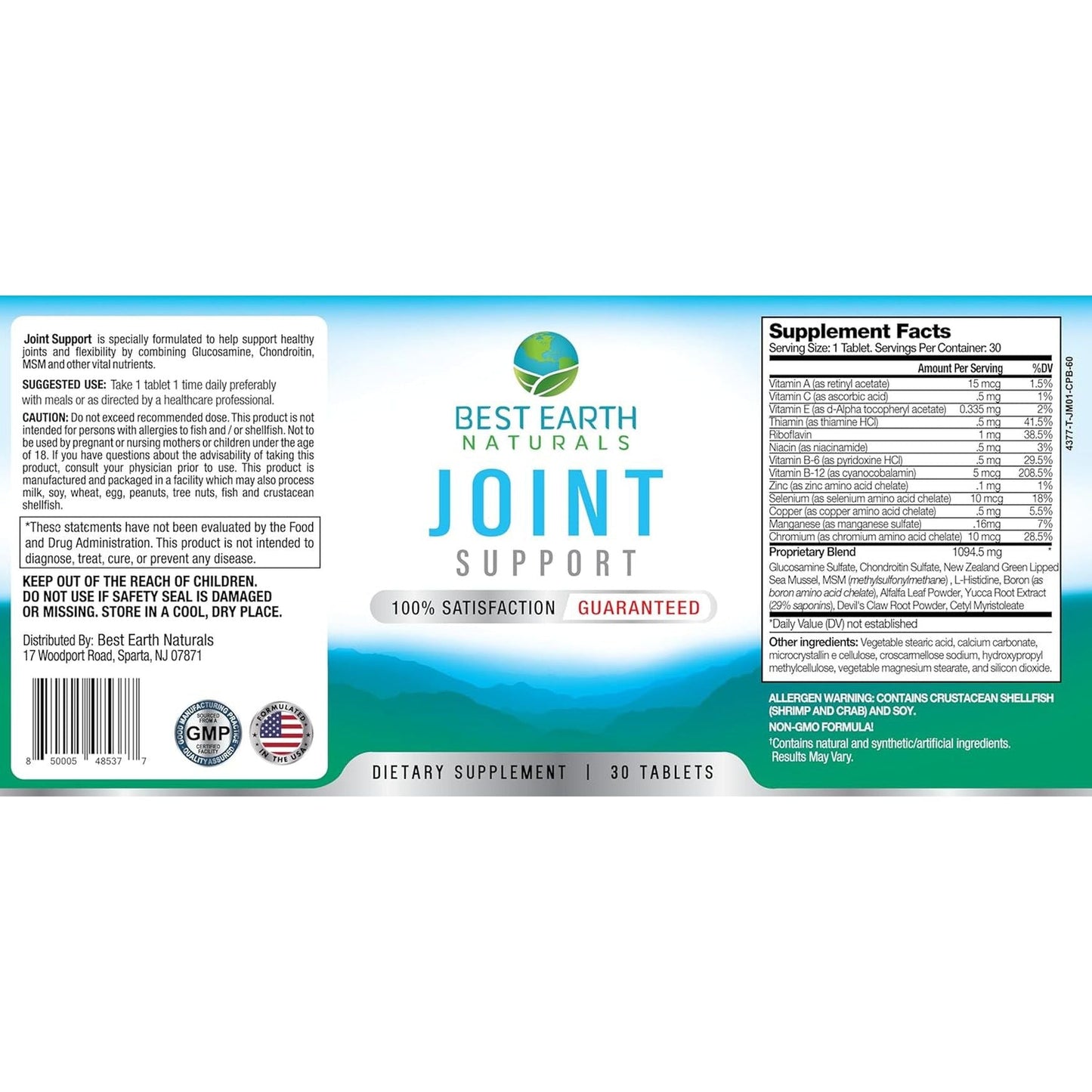 Best Earth Naturals Joint Support- Glucosamine, Chondroitin, MSM & Special Vitamins & Nutrients 30 Day Supply