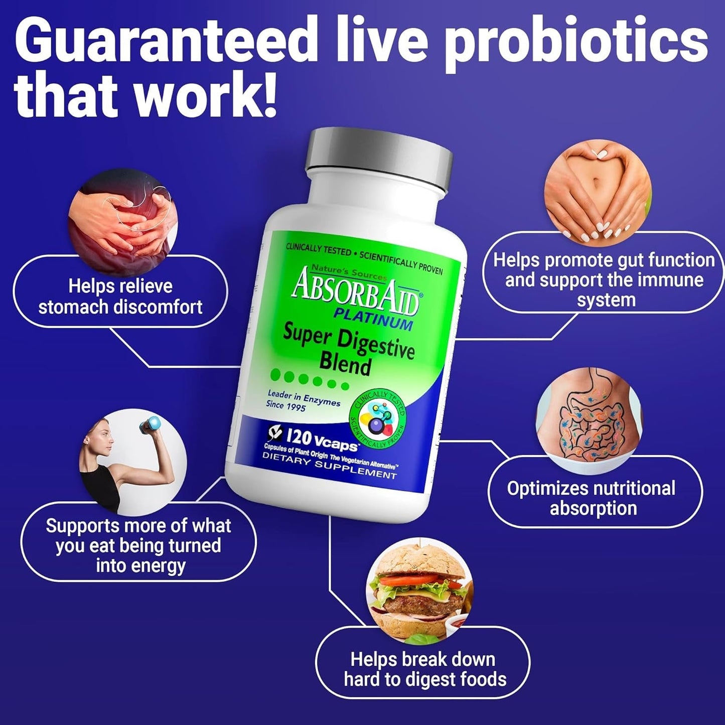 Absorbaid Platinum Digestive Enzyme Support 120 Vcaps, 12 Digestive Enzymes plus 2 Probiotics for Maximum Relief