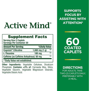Nature'S Bounty Active Mind, Supports Focus by Assisting with Attention, Cognizin 1000Mg, 60 Coated Caplets