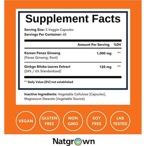 Natgrown Panax Ginseng & Ginkgo Biloba Supplement - Supports Memory Focus & Brain Function - 120 Count