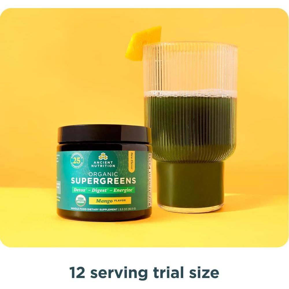 Ancient Nutrition Supergreens Powder with Probiotics - Digestive and Energy Support, 12 Servings, 3.3Oz